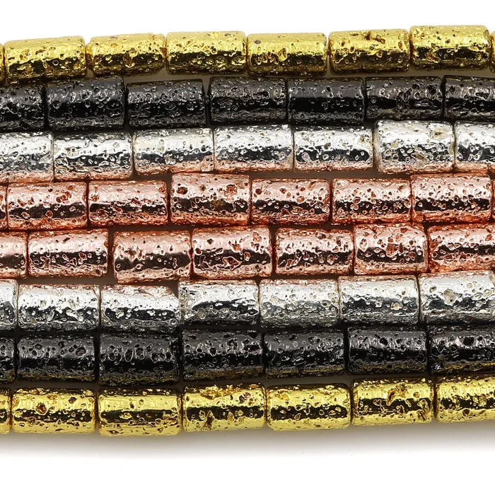 Earrings Intrinsic Trading Titanium Lava Tube Cylinder Bead 10x6mm Natural Volcanic Rock Stone Metallic Gold Silver Black Gunmetal Rose Gold Electroplated 16 Strand