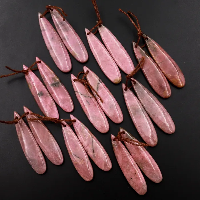 Earrings Natural Pink Rhodonite Earring Pair Teardrop Cabochon Drilled Matched Gemstone Bead Pair Intrinsic Trading