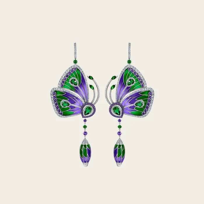 Earrings Papillon Earrings Hand crafted in 18k white gold with peridot amethyst white diamonds and green purple cathedral enamel Earrings Papillon Earrings Hand crafted in 18k white gold with peridot amethyst white diamonds and green purple cathedral enamel