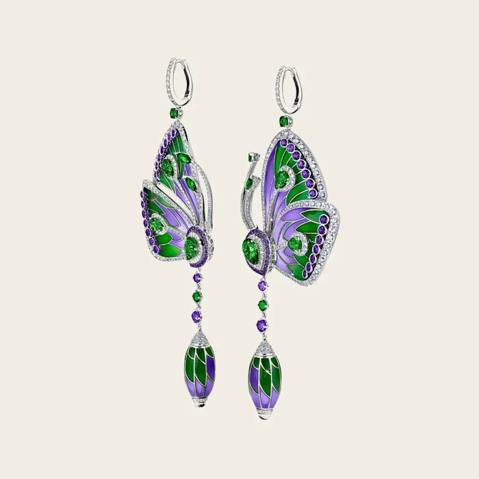 Earrings Papillon Earrings Hand crafted in 18k white gold with peridot amethyst white diamonds and green purple cathedral enamel