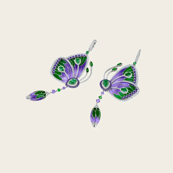 Earrings Papillon Earrings Hand crafted in 18k white gold with peridot amethyst white diamonds and green purple cathedral enamel