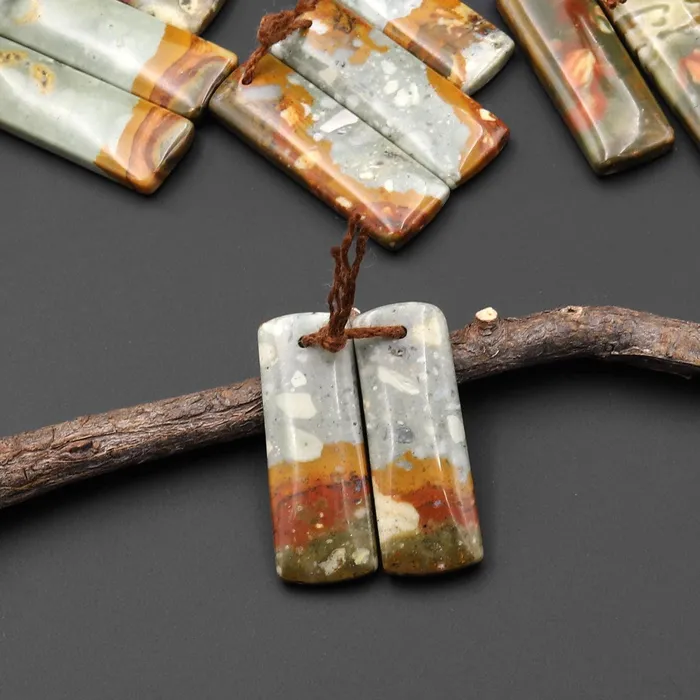 From Oregon Natural Owyhee Picture Jasper Short Rectangle Earrings Drilled Matched Gemstone Beads Pair Intrinsic Trading Earrings
