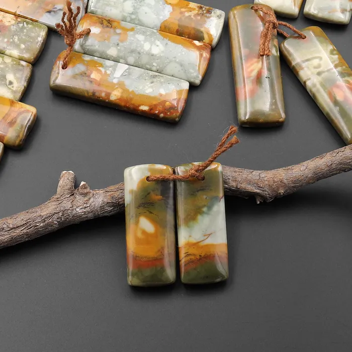 From Oregon Natural Owyhee Picture Jasper Short Rectangle Earrings Drilled Matched Gemstone Beads Pair Intrinsic Trading Earrings