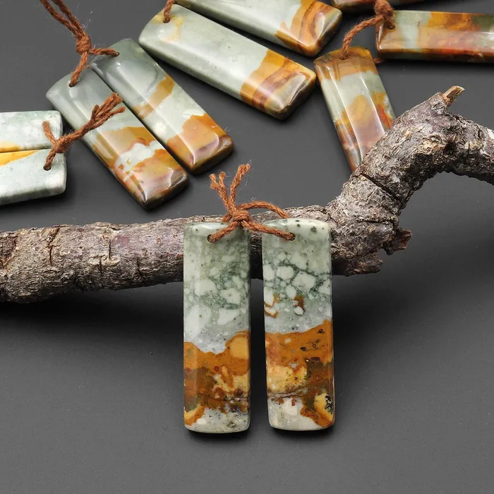 From Oregon Natural Owyhee Picture Jasper Short Rectangle Earrings Drilled Matched Gemstone Beads Pair Intrinsic Trading Earrings