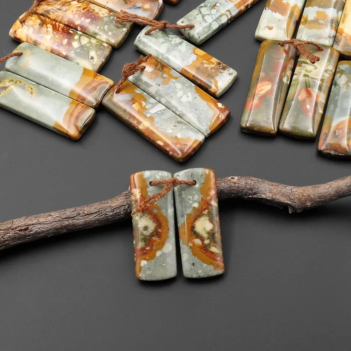 From Oregon Natural Owyhee Picture Jasper Short Rectangle Earrings Drilled Matched Gemstone Beads Pair Intrinsic Trading Earrings