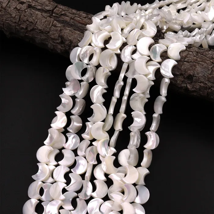 Intrinsic Trading AAA Iridescent Carved Natural White Mother of Pearl Shell Moon Beads 8mm 10mm 12mm 155 Strand Necklaces