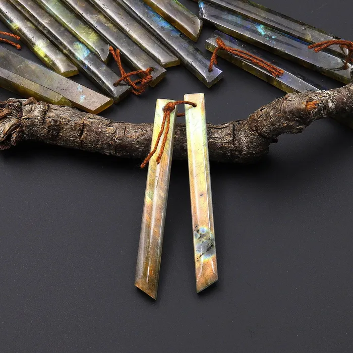 Intrinsic Trading Earrings Natural Fiery Red Labradorite Earring Pair Thin Long Beveled Rectangle Spick Drilled Matched Gemstone Beads A2