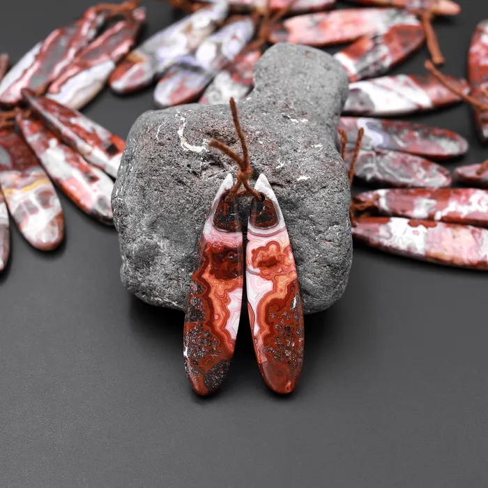 Intrinsic Trading Earrings Natural Red Laguna Lace Agate Long Slender Teardrop Earring Drilled Matched Gemstone Bead Pair Intrinsic Trading Earrings Natural Red Laguna Lace Agate Long Slender Teardrop Earring Drilled Matched Gemstone Bead Pair