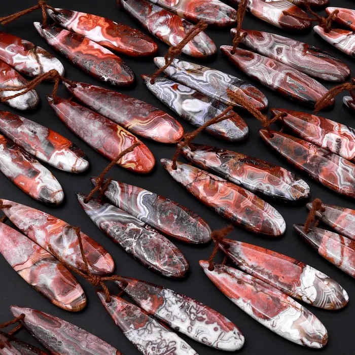 Intrinsic Trading Earrings Natural Red Laguna Lace Agate Long Slender Teardrop Earring Drilled Matched Gemstone Bead Pair