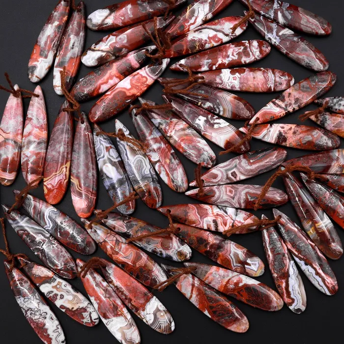 Intrinsic Trading Earrings Natural Red Laguna Lace Agate Long Slender Teardrop Earring Drilled Matched Gemstone Bead Pair