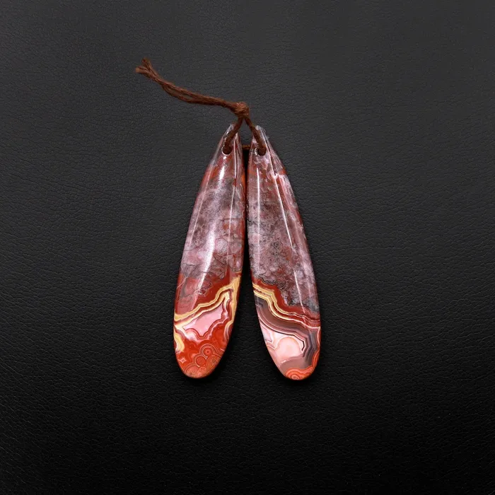 Intrinsic Trading Earrings Natural Red Laguna Lace Agate Long Slender Teardrop Earring Drilled Matched Gemstone Bead Pair