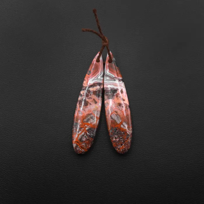 Intrinsic Trading Earrings Natural Red Laguna Lace Agate Long Slender Teardrop Earring Drilled Matched Gemstone Bead Pair