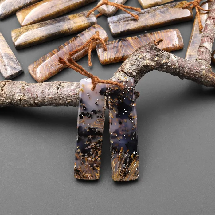 Intrinsic Trading Earrings Rare Natural Brown Turkish Needle Agate Earring Pair Drilled Matched Rectangle Gemstone Beads A4