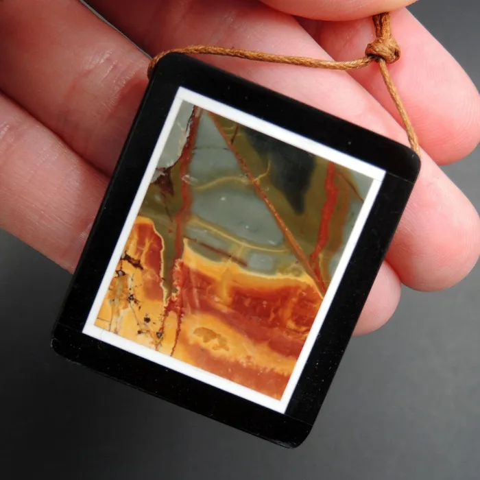 Intrinsic Trading Necklaces Intarsia Pendant Natural Red Creek Jasper W Black Onyx Inlay Side Drilled Rectangle Pendant Multi Color Picasso Jasper Picture Frame P1638