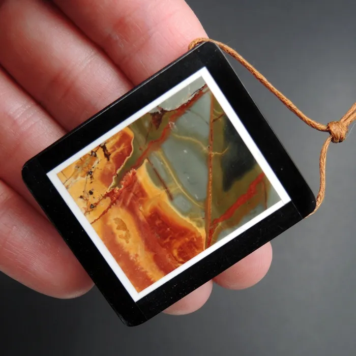 Intrinsic Trading Necklaces Intarsia Pendant Natural Red Creek Jasper W Black Onyx Inlay Side Drilled Rectangle Pendant Multi Color Picasso Jasper Picture Frame P1638