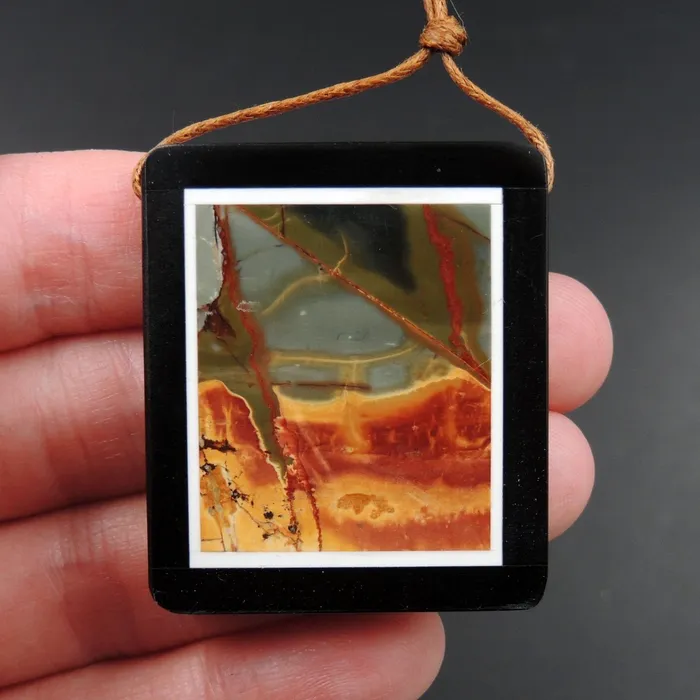 Intrinsic Trading Necklaces Intarsia Pendant Natural Red Creek Jasper W Black Onyx Inlay Side Drilled Rectangle Pendant Multi Color Picasso Jasper Picture Frame P1638