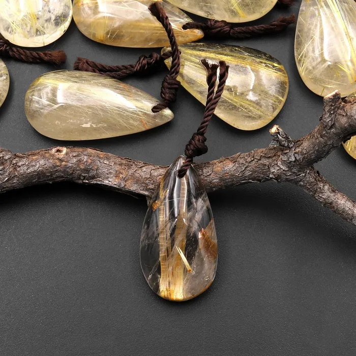 Intrinsic Trading Necklaces Natural Golden Rutilated Rutile Quartz Teardrop Pendant A7