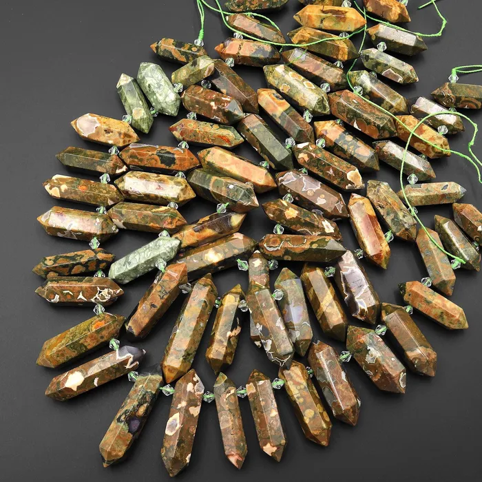 Intrinsic Trading Necklaces Natural Rainforest Rhyolite Jasper Double Terminated Pointed Side Drilled Pendant Beads 155 Strand