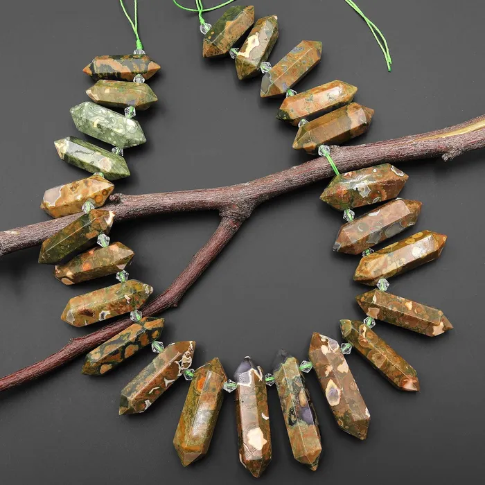 Intrinsic Trading Necklaces Natural Rainforest Rhyolite Jasper Double Terminated Pointed Side Drilled Pendant Beads 155 Strand