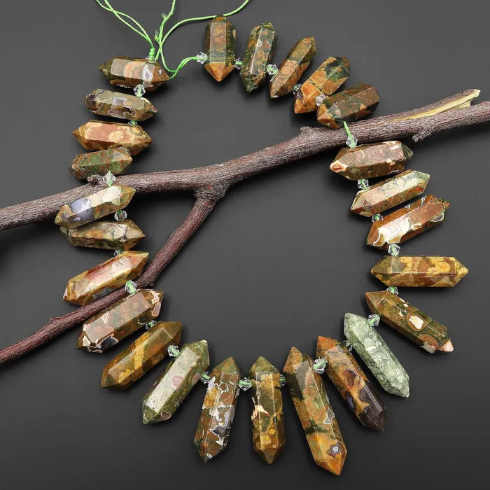 Intrinsic Trading Necklaces Natural Rainforest Rhyolite Jasper Double Terminated Pointed Side Drilled Pendant Beads 155 Strand
