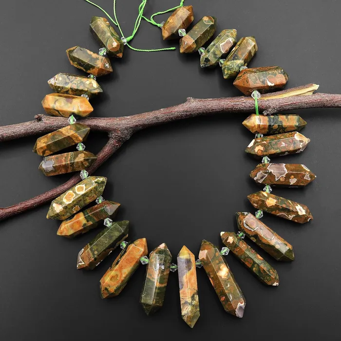 Intrinsic Trading Necklaces Natural Rainforest Rhyolite Jasper Double Terminated Pointed Side Drilled Pendant Beads 155 Strand