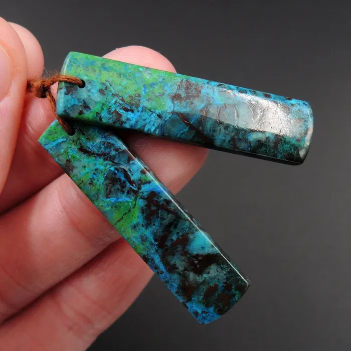 Intrinsic Trading Parrot Wing Chrysocolla Earring Pair Drilled Rectangle Natural Stone Earring Pair E2614 Earrings
