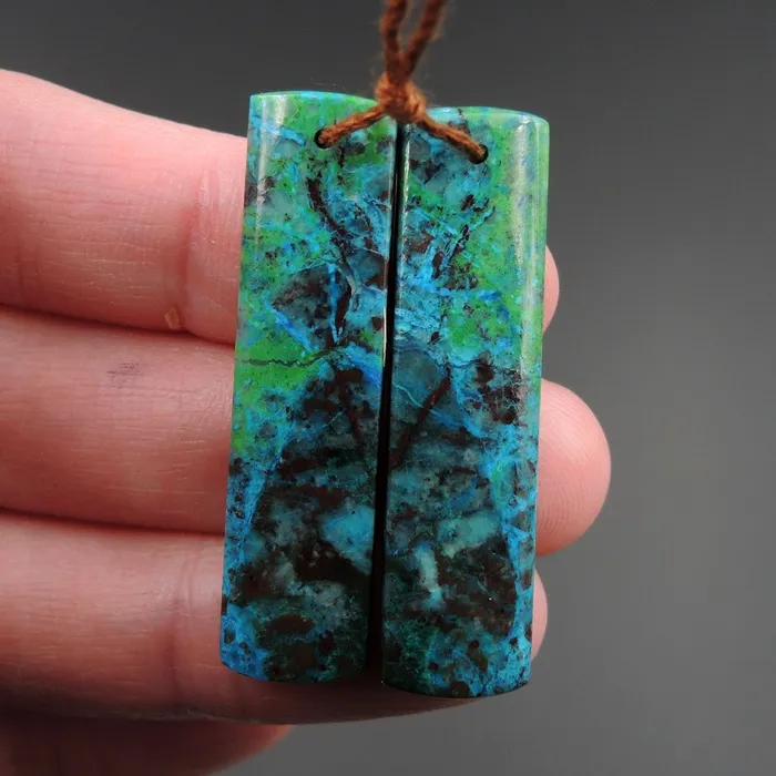 Intrinsic Trading Parrot Wing Chrysocolla Earring Pair Drilled Rectangle Natural Stone Earring Pair E2614 Earrings