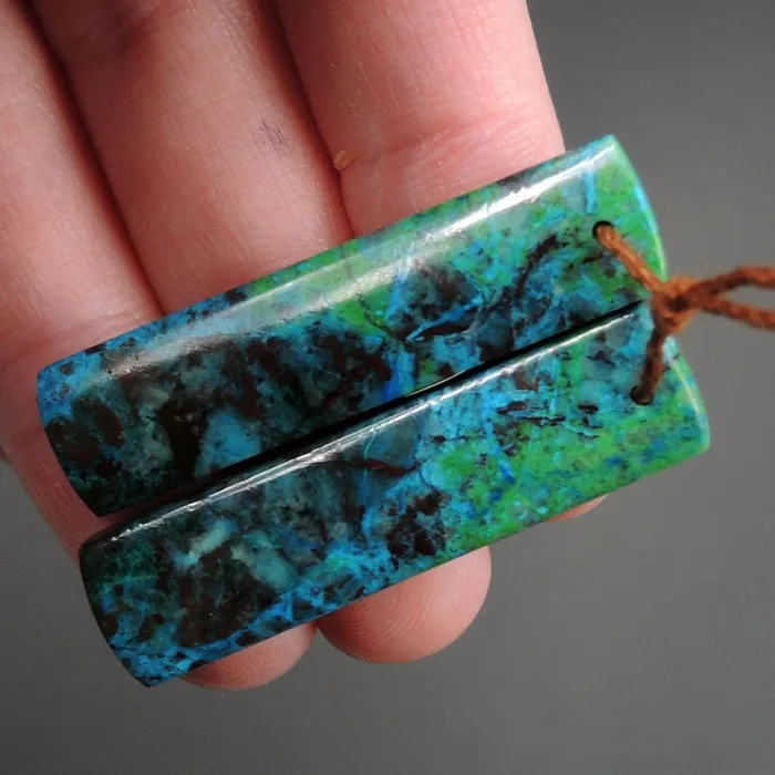 Intrinsic Trading Parrot Wing Chrysocolla Earring Pair Drilled Rectangle Natural Stone Earring Pair E2614 Earrings