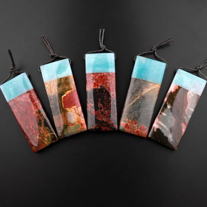 Natural Red Creek Jasper Amazonite Fusion Pendant Multicolor Picasso Jasper Long Narrow Rectangle Intrinsic Trading Necklaces Natural Red Creek Jasper Amazonite Fusion Pendant Multicolor Picasso Jasper Long Narrow Rectangle Intrinsic Trading Necklaces