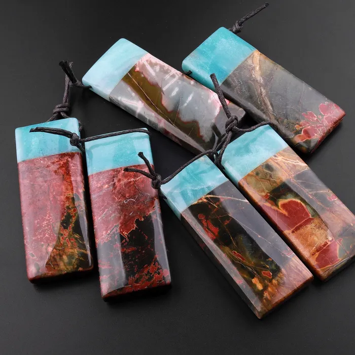 Natural Red Creek Jasper Amazonite Fusion Pendant Multicolor Picasso Jasper Long Narrow Rectangle Intrinsic Trading Necklaces