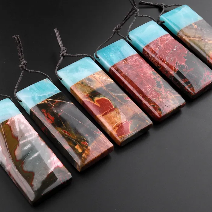 Natural Red Creek Jasper Amazonite Fusion Pendant Multicolor Picasso Jasper Long Narrow Rectangle Intrinsic Trading Necklaces