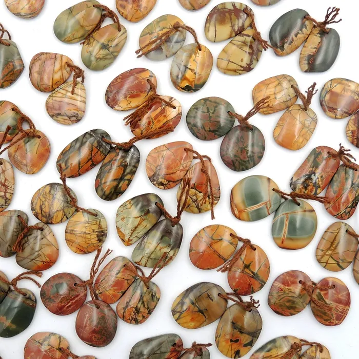 Natural Red Creek Jasper Freeform Earring Pair Cabochon Cab Drilled Matched Gemstone Bead Pair Aka Multicolor Picasso Jasper Intrinsic Trading Earrings