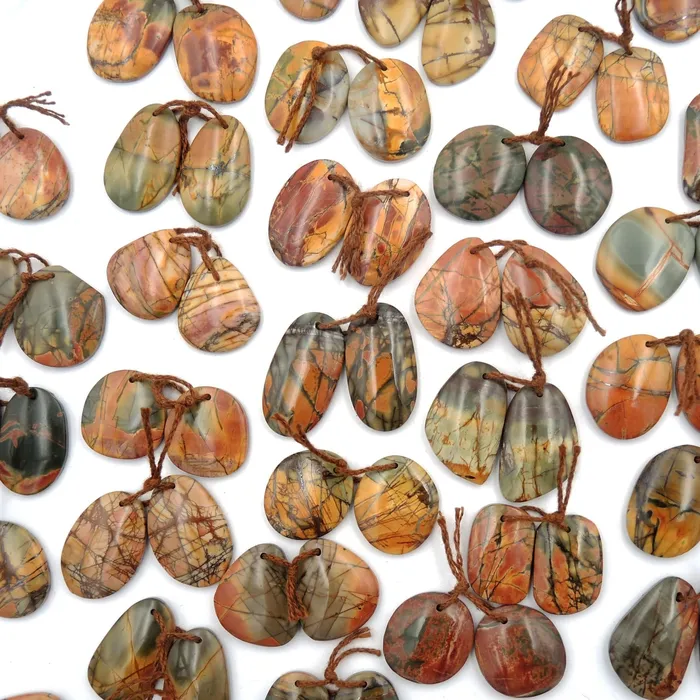 Natural Red Creek Jasper Freeform Earring Pair Cabochon Cab Drilled Matched Gemstone Bead Pair Aka Multicolor Picasso Jasper Intrinsic Trading Earrings