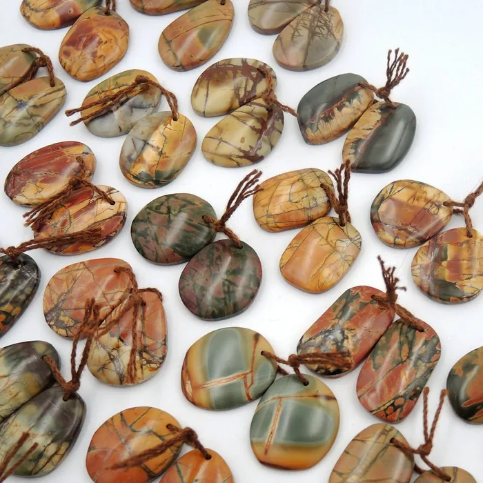 Natural Red Creek Jasper Freeform Earring Pair Cabochon Cab Drilled Matched Gemstone Bead Pair Aka Multicolor Picasso Jasper Intrinsic Trading Earrings