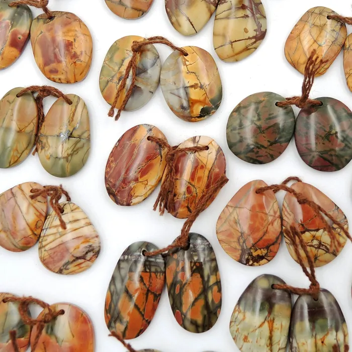 Natural Red Creek Jasper Freeform Earring Pair Cabochon Cab Drilled Matched Gemstone Bead Pair Aka Multicolor Picasso Jasper Intrinsic Trading Earrings