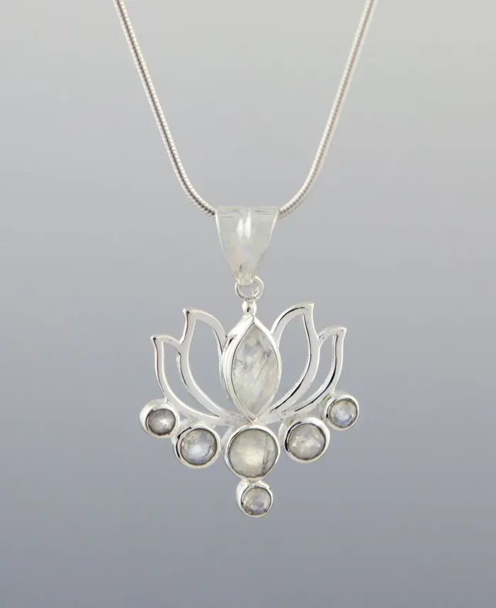 Necklaces Buddha Groove Moonstone Pendant in Lotus Design Sterling Silver