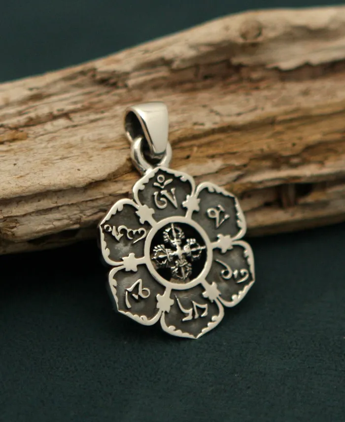 Necklaces Buddha Groove Sterling Silver Om Mani Padme Hum Lotus Pendant