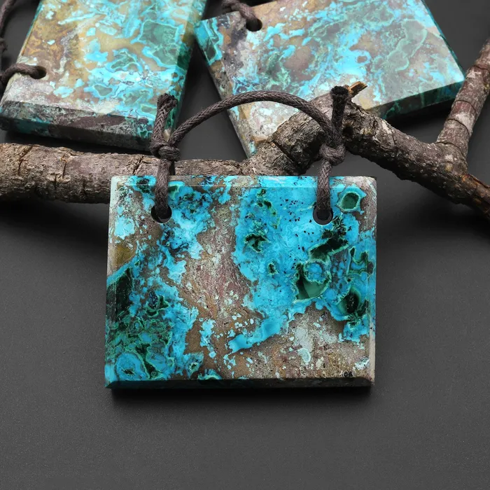 Necklaces Intrinsic Trading 2 Hole Pendant Natural Shattuckite from Congo Malachite Chrysocolla Azurite Faceted Rectangle Gemstone A5