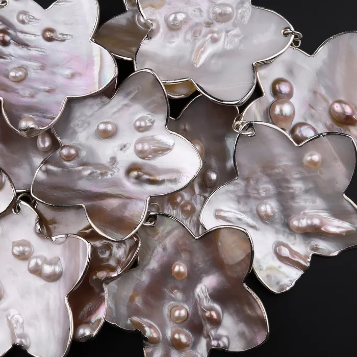 Necklaces Intrinsic Trading Large Natural Mother of Pearl Flower Pendant Super Iridescent Blister Pearl Silver Trim