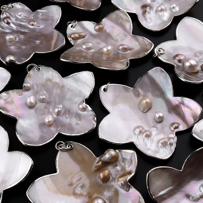 Necklaces Intrinsic Trading Large Natural Mother of Pearl Flower Pendant Super Iridescent Blister Pearl Silver Trim
