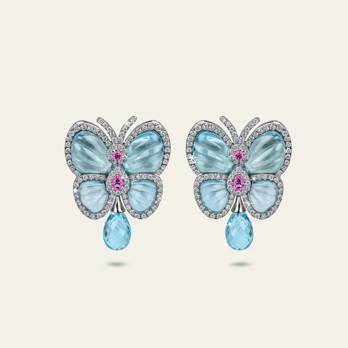 Papillon Earrings Hand crafted in 18k white gold with blue topaz pink sapphires and white diamonds Earrings Papillon Earrings Hand crafted in 18k white gold with blue topaz pink sapphires and white diamonds Earrings