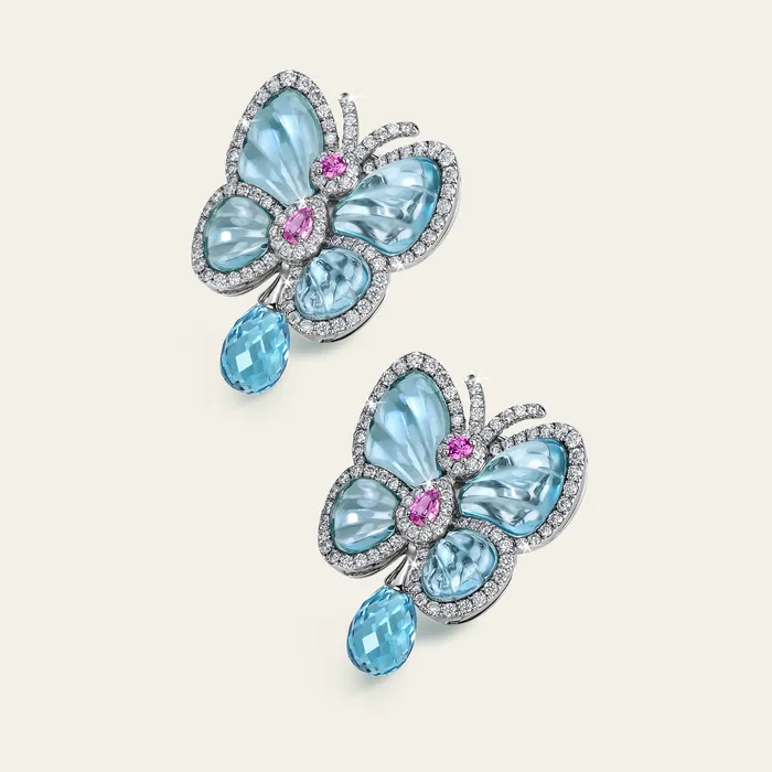 Papillon Earrings Hand crafted in 18k white gold with blue topaz pink sapphires and white diamonds Earrings