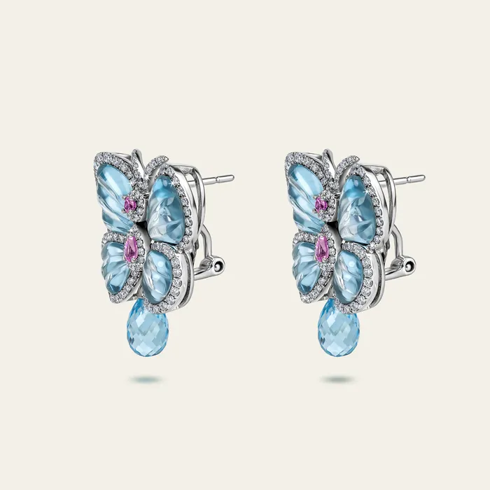 Papillon Earrings Hand crafted in 18k white gold with blue topaz pink sapphires and white diamonds Earrings