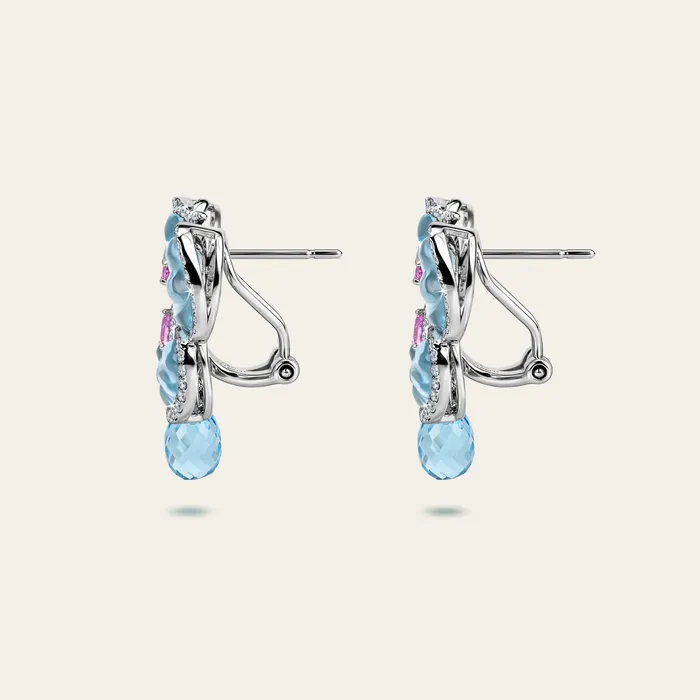 Papillon Earrings Hand crafted in 18k white gold with blue topaz pink sapphires and white diamonds Earrings