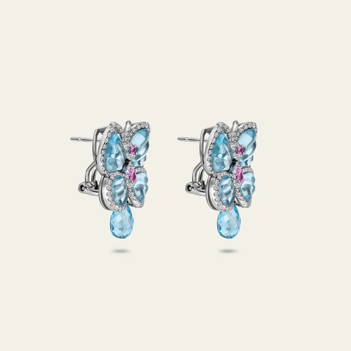 Papillon Earrings Hand crafted in 18k white gold with blue topaz pink sapphires and white diamonds Earrings