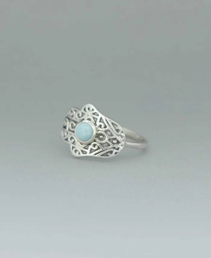 Rings Buddha Groove Sterling Silver Hamsa Hand Larimar Ring