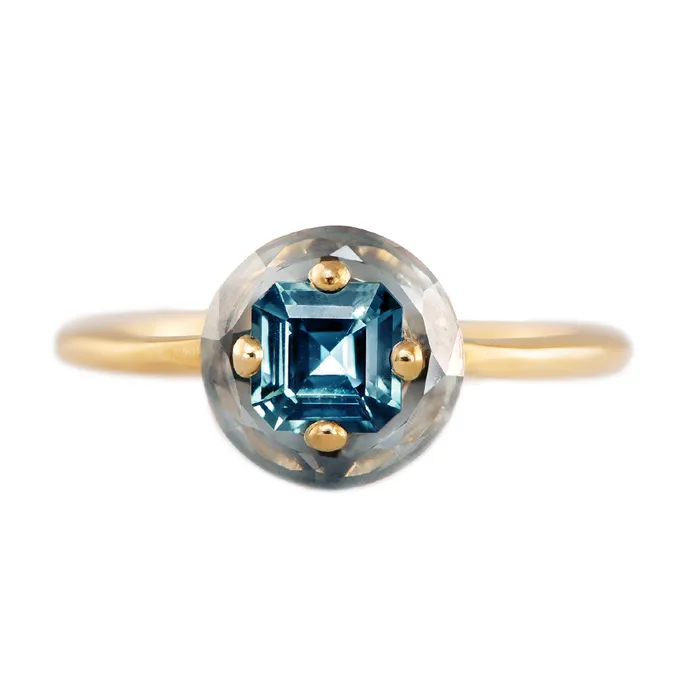 Rings Diamond Sphere Ring with Asscher Cut Teal Sapphire OOAK ARTEMER