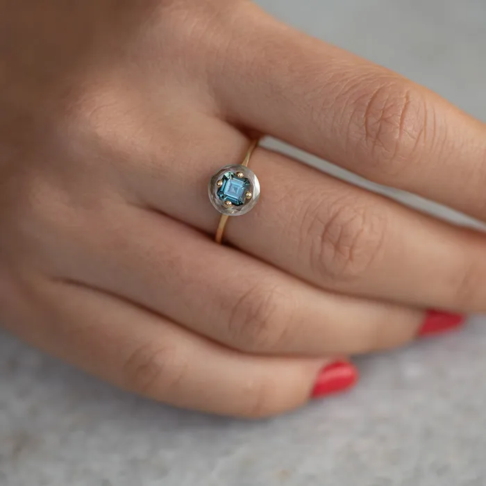 Rings Diamond Sphere Ring with Asscher Cut Teal Sapphire OOAK ARTEMER
