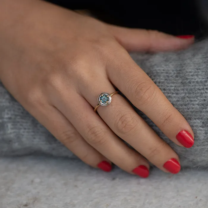 Rings Diamond Sphere Ring with Asscher Cut Teal Sapphire OOAK ARTEMER