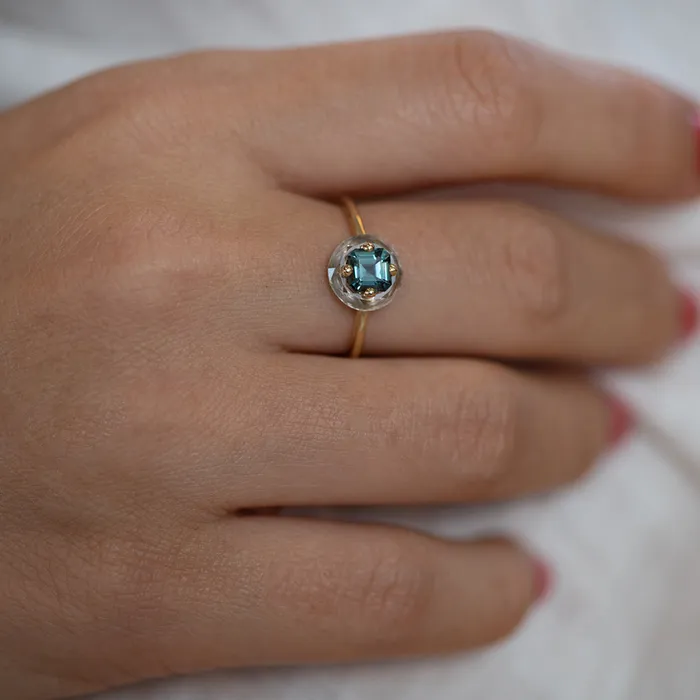 Rings Diamond Sphere Ring with Asscher Cut Teal Sapphire OOAK ARTEMER